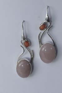 Sterling silver earrings with rose quartz and pink coral cabochons